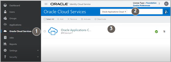 Searching for the ODA application in Oracle Identity Cloud Service highlighting features described in the text