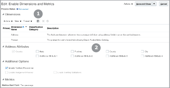 Screenshot of the Edit: Enable Dimensions and Metrics page highlighting the location of the Select and Add button and the address dimension attributes.