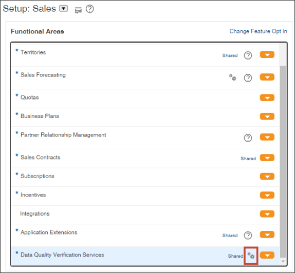 Left pane of the Sales offering showing the location of the Data Quality Verification Services Quick Setup page.