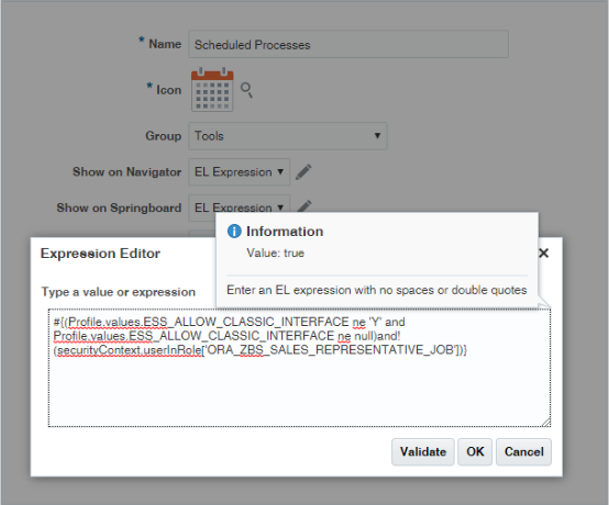 Screenshot of the Expression Editor window for the Scheduled Processes Show on Springboard field. The Editor shows the final EL Expression