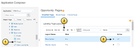 Screenshot of Application Composer Opportunity: Pages. The screenshot shows the custom Mass Update layout you created. Callouts highlight the features described in the text.