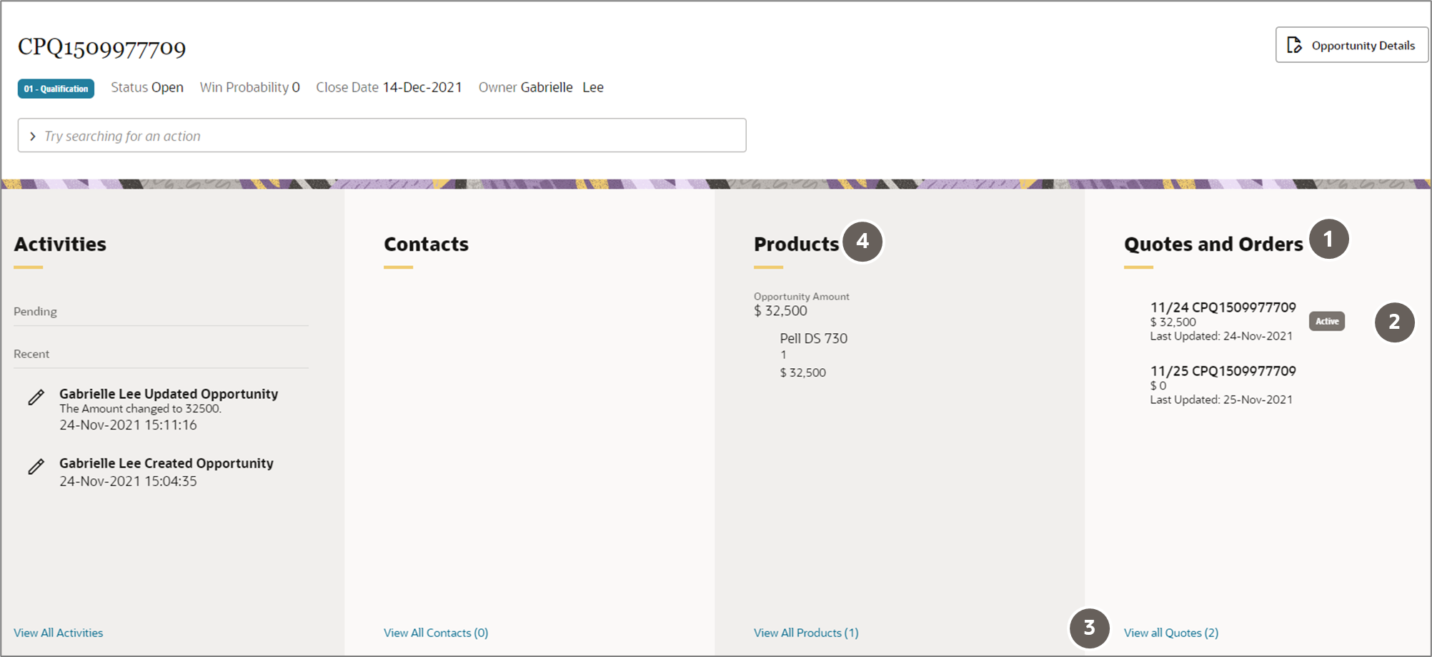 Screenshot that shows the Products and Quotes and Orders panels in the Opportunity foldout view.