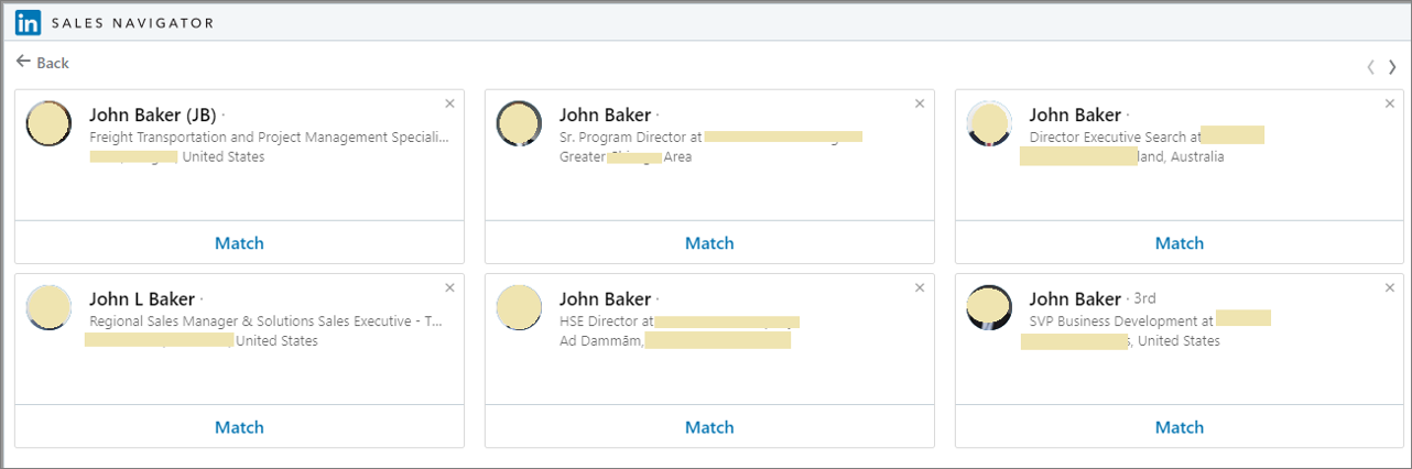 The screen shot shows LinkedIn Sales Navigator fetching several similar profiles when an exact match isn't found.