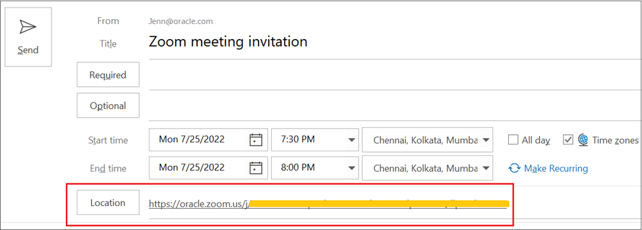 The screenshot shows a Zoom link in the Location field. The meeting code is partially hidden to protect security data.