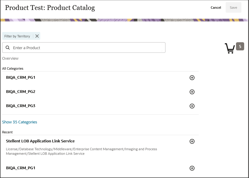 Sample screenshot of the Opportunity product catalog screen