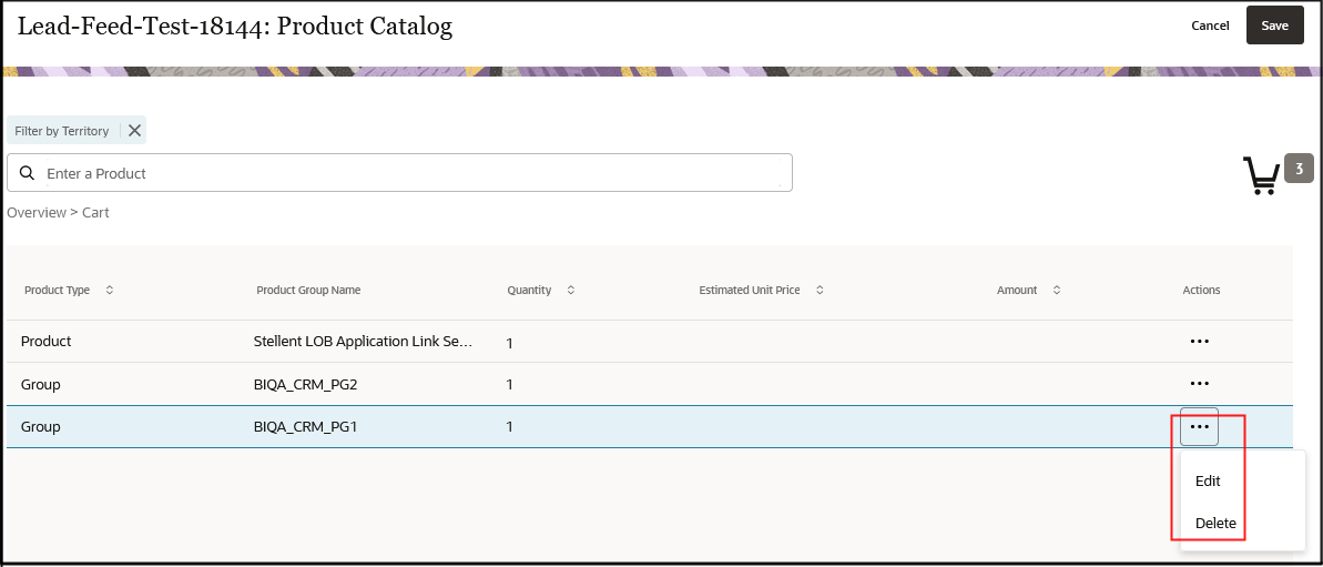Sample screenshot of product cart for Leads