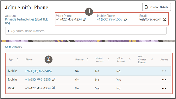 Contact record highlighting the contact preferences in the summary region and in the page listing all phones.