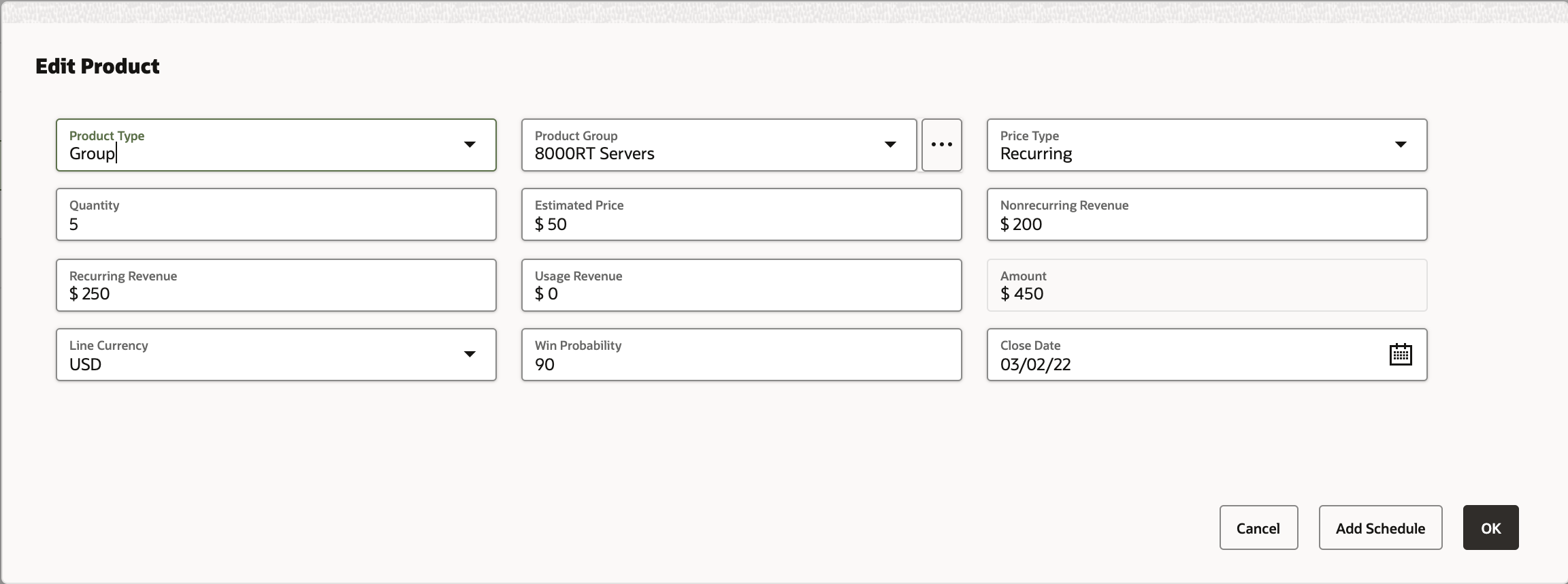 Screenshot showing an example of creating a recurring revenue schedule for a product group in the opportunities UI