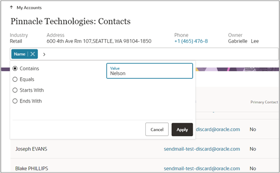 Screenshot of the Name filter added in the Action Bar and search on the Contacts page