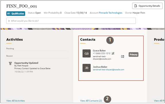 Screenshot of an opportunity highlighting the Contacts panel and the View All Contacts link