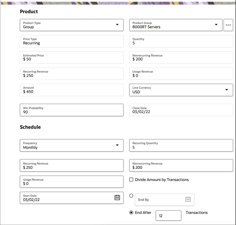 Screen shot showing an example of both the revenue line and the scheduled revenue sections for a product group in the opportunities UI