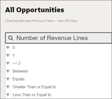 Screenshot of the available operators for the Number of Revenue Lines field.