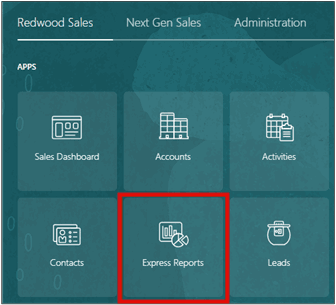 Screenshot highlighting the Express Reports icon in the Redwood Sales tab on the home page