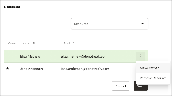 Make Owner action in the open Actions menu for a resource
