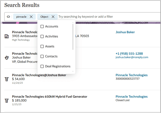 Search Results page showing the object filter