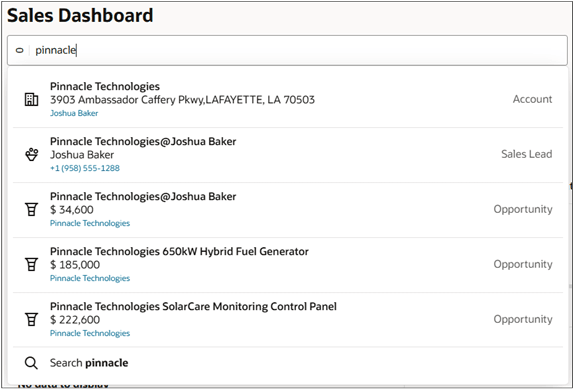 Sales dashboard search suggestions
