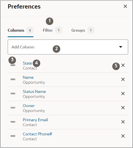Columns tab on the Preferences panel with callouts highlighting features