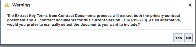 Screenshot showing the warning message you get after you select the Extract Key Terms menu item