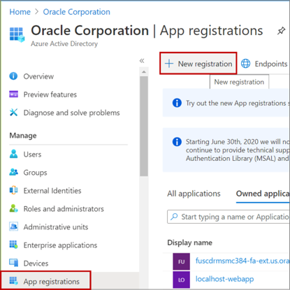 The image shows clicking the New Registration button in the App registrations page.