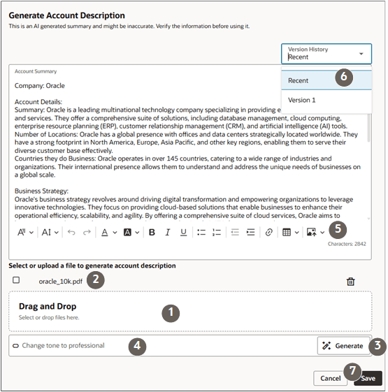 Generate Account Description page with callouts highlighting the features described in the text
