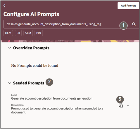 Configure AI Prompts page with callouts described in the text