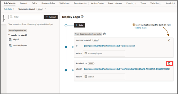 The rules for Summarize Layout showing the location of the Duplicate icon on the isDefault19 rule.