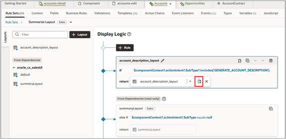 The rules for Summarize Layout showing the location of the Open icon on the duplicated isDefault19 rule.
