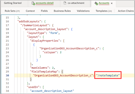 JSON tab code change highlighted