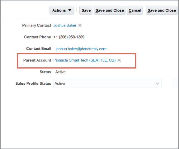 Screenshot of the detail of the Profile tab for a sample account highlighting the location of the Parent Account field.