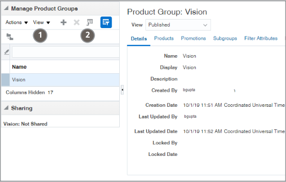 Sample screenshot of the Manage Product Groups page highlighting the View menu (callout 1) and the Download to Excel icon (callout 3)