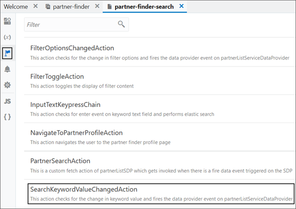 This is a screenshot that displays clicking the Actions icon > SearchKeywordValueChangedAction option.