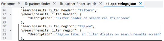 This is a screenshot of how to add the Region field name to the string repository so that it can be referenced within the application.