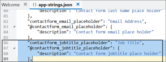 This is a screenshot of how to add the Job Title field name to the string repository so that it can be referenced within the application.