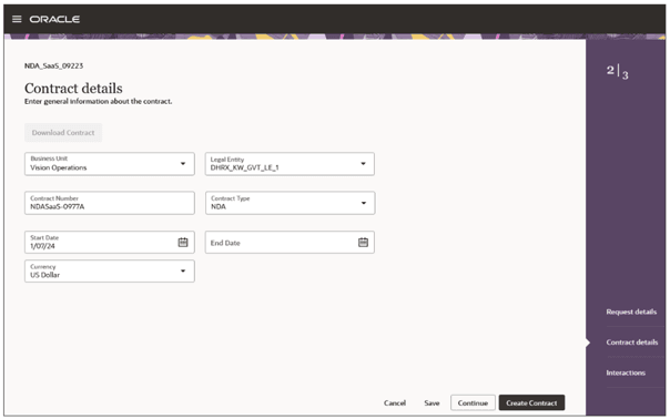 Screenshot showing the Contract details step