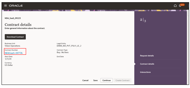 Contract details UI showing the contract document link