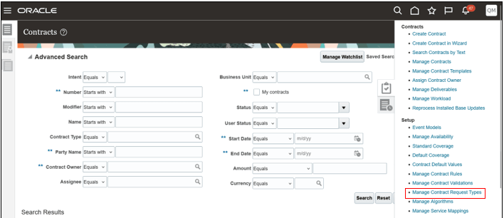 Screen highlighting the location of the Manage Contract Request Types task