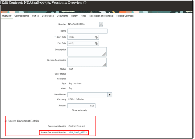 Screenshot highlighting the contract number displaying as a link