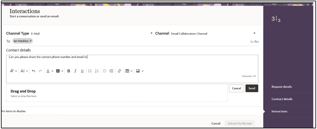 Screenshot showing the Interactions step of the Edit Contract Request guided process