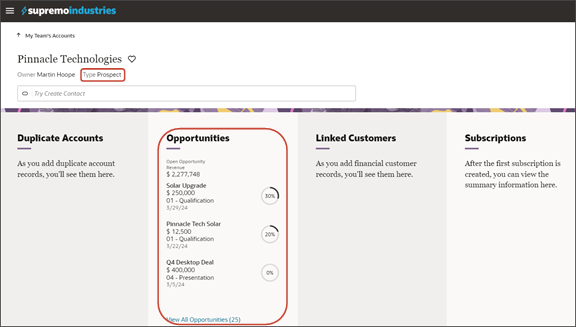 This screenshot illustrates how the field condition displays the Opportunities panel when the account is a prospect.