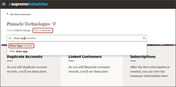 This screenshot illustrates how the field condition hides the Opportunities panel when the account is a customer, but the smart action to open the Opportunities subview is still available from the Action Bar.