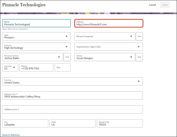 This screenshot illustrates the new location of the Website field.