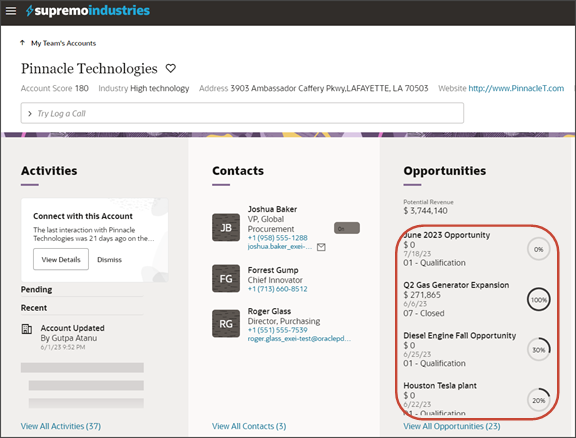 This screenshot illustrates the new display order of the effective date and sales stage fields on the Opportunities panel.