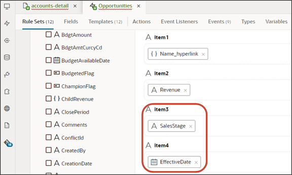 This screenshot illustrates where the sales stage and effective date fields are located on the panel card layout.