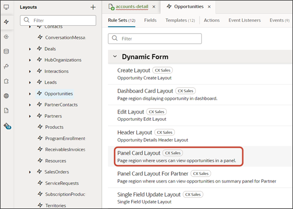 This is a screenshot of the Panel Card Layout rule set on the Opportunities layout tab.