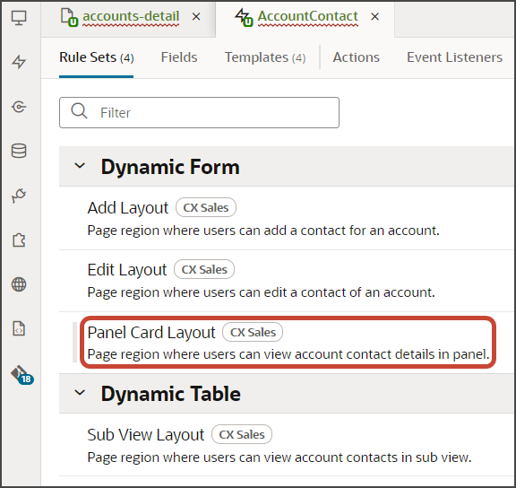 This is a screenshot of the Panel Card Layout rule set on the Opportunities layout tab.