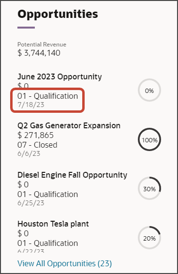 This is a screenshot of the Opportunities panel on the Account detail page.