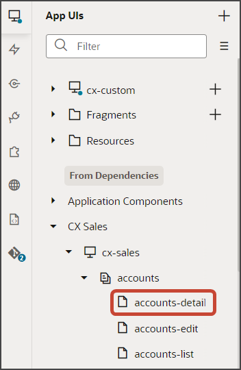 This screenshot illustrates how to navigate to an object's detail page in Visual Builder Studio.