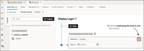 This screenshot illustrates the default layout and default rule for the Header layout.