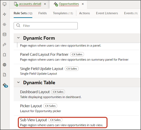 This is a screenshot of the Sub View Layout rule set on the Opportunities layout tab.