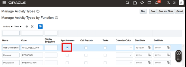 Screenshot shows the activity type Web Conference for Appointments